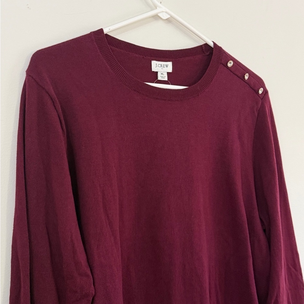 NWT J. Crew 100% Cotton Round Neck Sweater Maroon Button Shoulder Ruffled Preppy - Picture 3 of 12